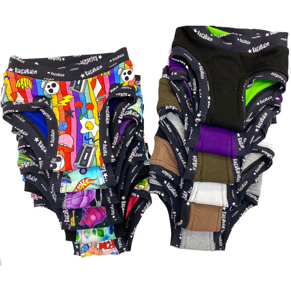 Trainer underware shown in a variety of prints and solids by RagaBabe.