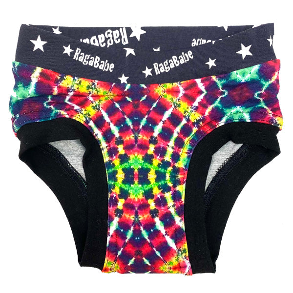 Trainer underware for children shown in Rainforest Tie Dye print by RagaBabe.