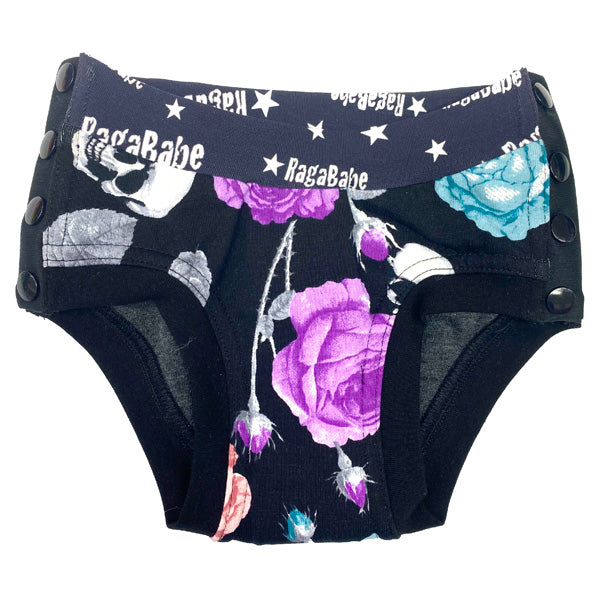 Trainer underware for children shown in Skulls and Roses print by RagaBabe.